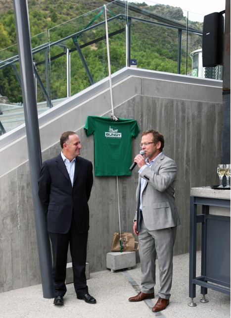 Prime Minister John Key with AJ Hackett Bungy director Henry van Asch before  officially launching the re-developed Kawarau Bungy Centre.